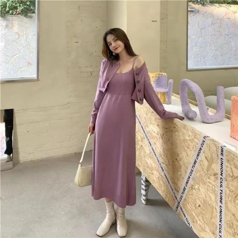 (purple, One Size) Set dress for women early spring 2023 high-end little fragrance Korean drama red sweater dress two-piece of sweater female