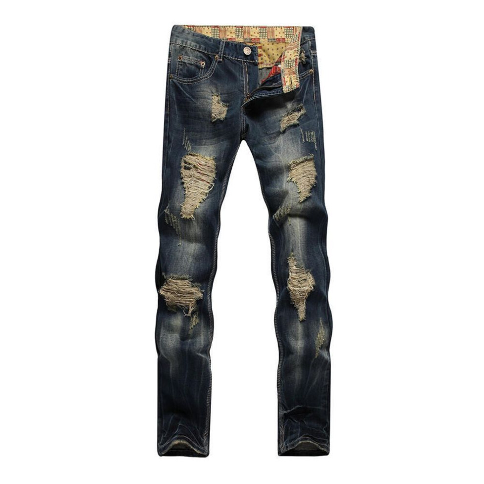 (as the picture, 34) 2024 European And American New Ripped Jeans Straight Leg Slim Fit Jeans, Vintage Personalized Men&apos;S Pants