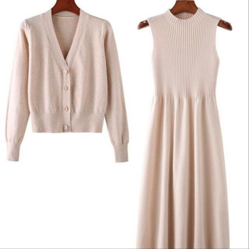 (apricot, L) Autumn Cardigan Dress Two-piece Elegant Temperament Suit Mid-length Style Waist Slimming Over The Knee Knitted Dress