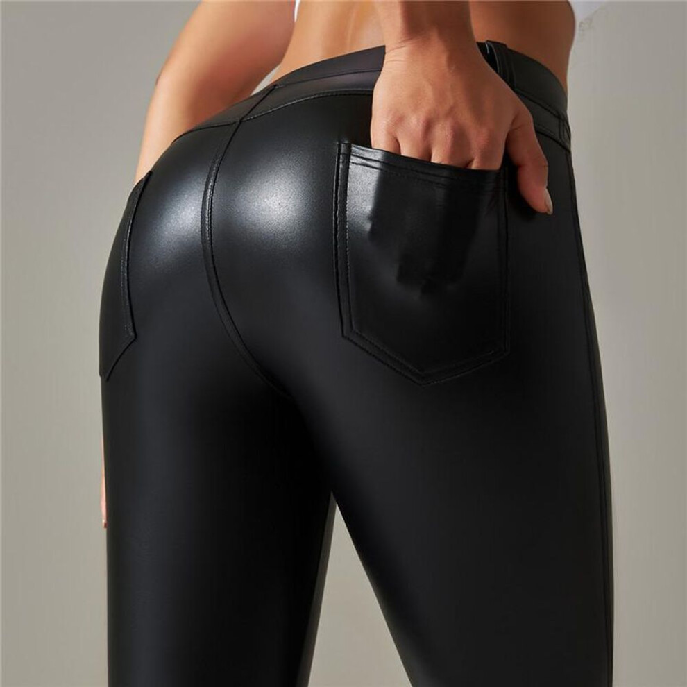 (black, XL) Winter Warm Peathers Pants Nessaj PU Leggings Fitness Sports Pants Solid Color Gym Leggings With Pockets