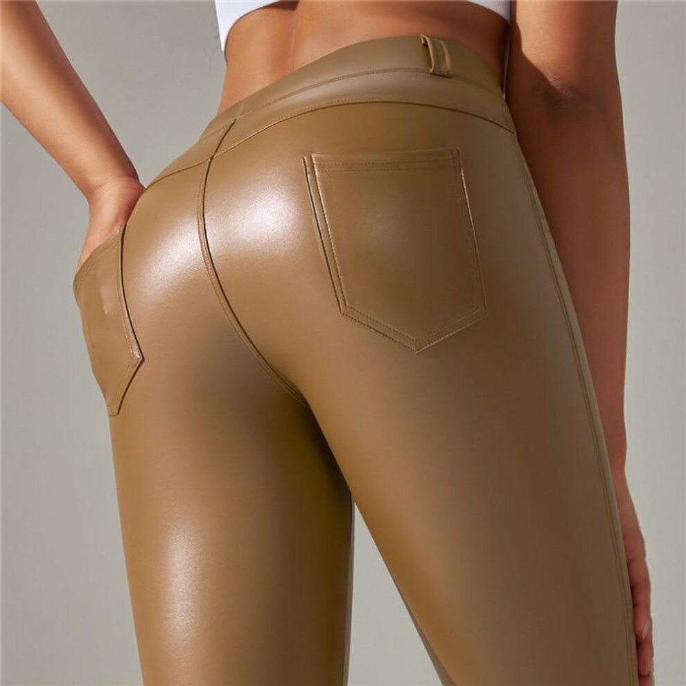 (yellow, M) Winter Warm Peathers Pants Nessaj PU Leggings Fitness Sports Pants Solid Color Gym Leggings With Pockets