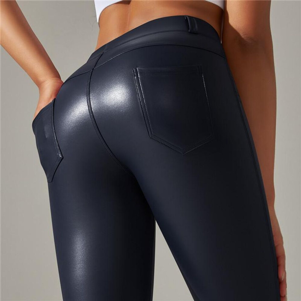 (navy blue, M) Winter Warm Peathers Pants Nessaj PU Leggings Fitness Sports Pants Solid Color Gym Leggings With Pockets