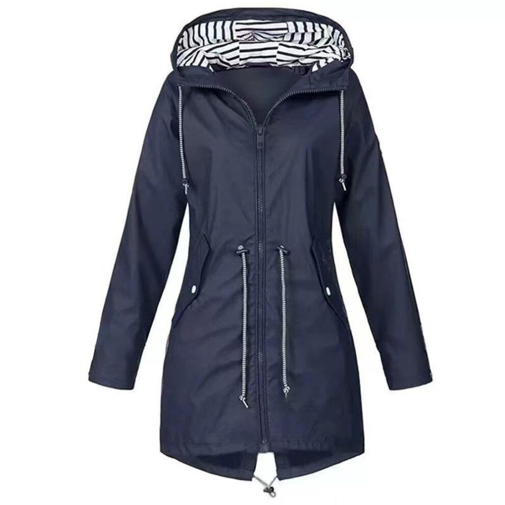 (navy blue, XXXXL) Women&apos;s Fashion Hooded Outdoors Zipper Windproof Trench Coats Casual Waterproof Drawstring Rain Jackets Mountaineeri Female