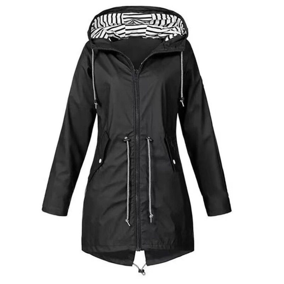 (black, XXXXL) Women&apos;s Fashion Hooded Outdoors Zipper Windproof Trench Coats Casual Waterproof Drawstring Rain Jackets Mountaineeri Female