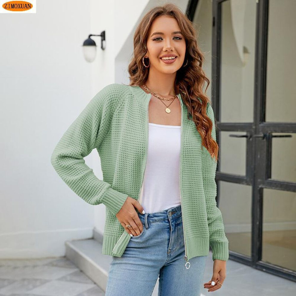 (green, M) ZIMOXUAN Casual Round Neck Sweater with Zipper - Trendy Knitted Cardigan for Women