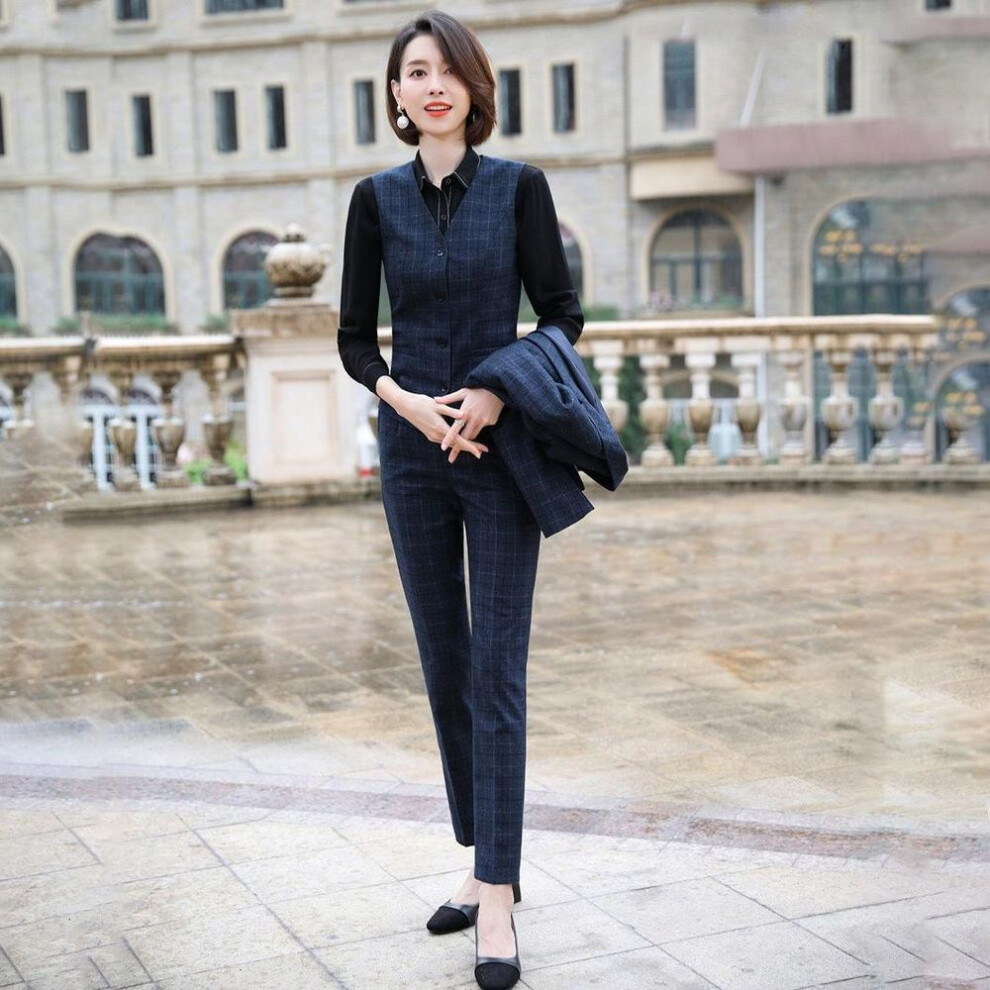 (blue, L) Women Business Work Wear Ladies Office Professional OL Blazers Fashion Plaid 3PCS Suit Blue Coat+ Pant + Vest