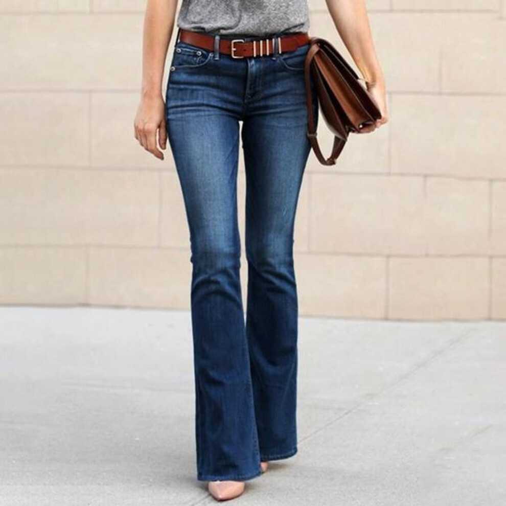 (navy blue, XXL) Women Casual Bell Jeans Solid Color Low Wasit Denim Pants Female Spring Autumn Slim Fit Flare Bottom Jeans Trousers (no Belt)