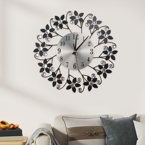 3D Wall Clock,Round Leaf Petals Metal Wall Clock,Dial - Silver Black 2