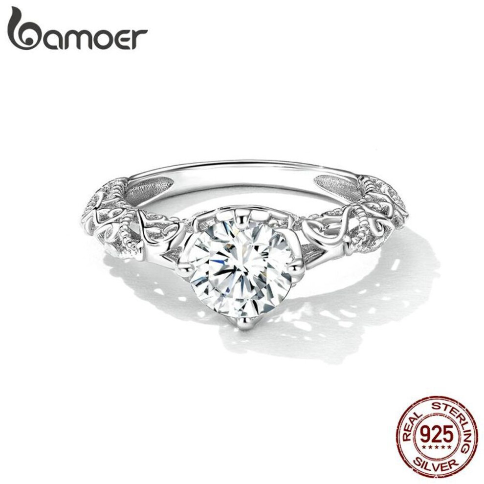 (9) BAMOER Vintage Pattern 925 Sterling Silver Luxury Gemstone Ring for Women Shining CZ Ring Bridal Wedding Gift Fine Jewelry