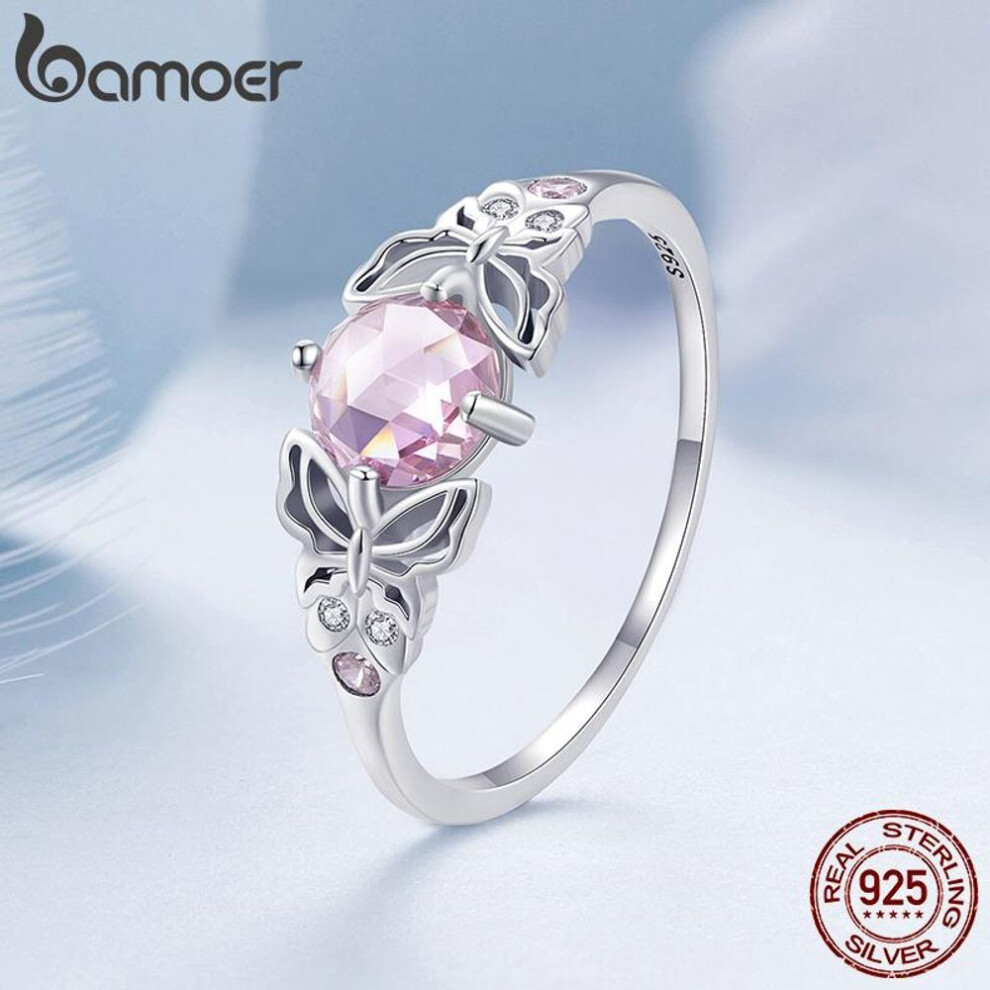 (8) BAMOER 925 Sterling Silver Pink Stone Hollow-out Butterfly Finger Ring Cubic Zirconia for Women Birthday Gift Fine Jewelry
