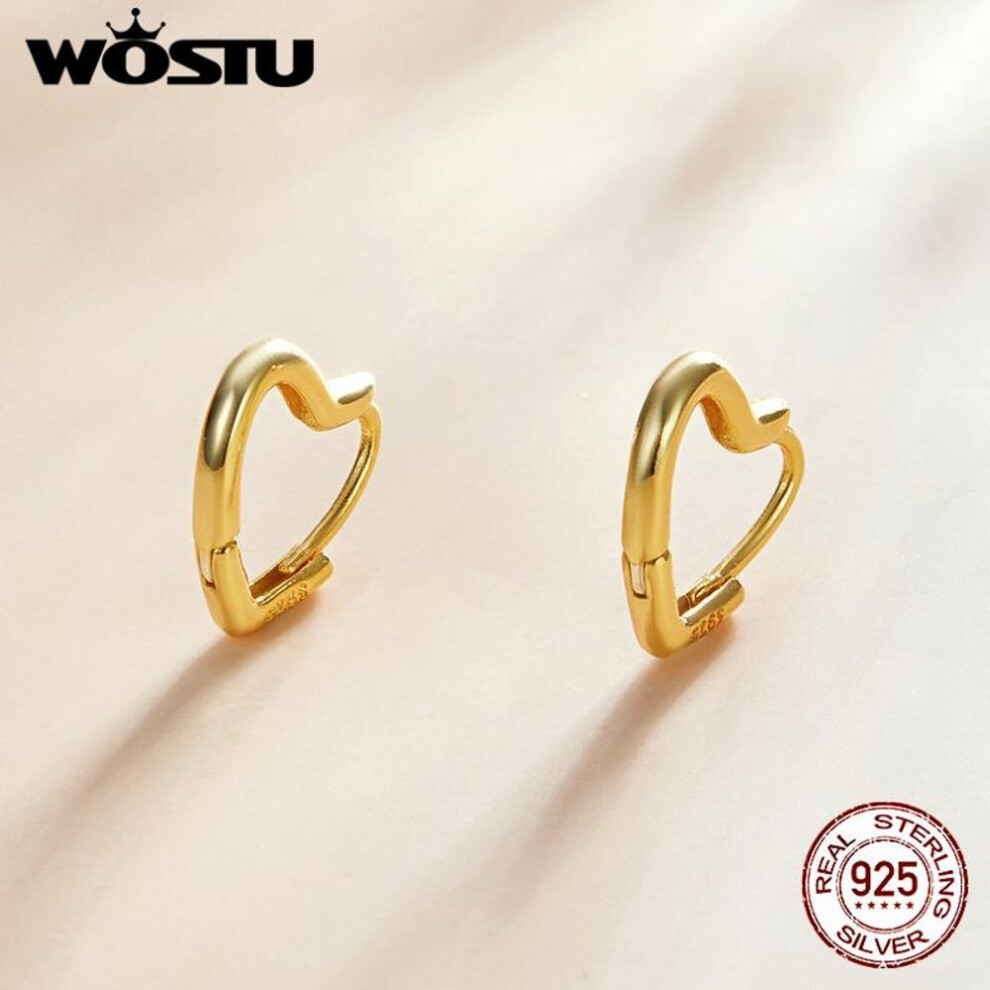 (golden) WOSTU 925 Sterling Silver Hollow Heart Love Stud Earrings Shiny Simple Earrings For Women Fashion Silver Jewelry