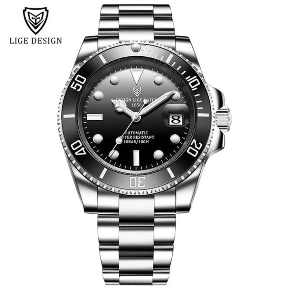 (silver,black) 2021 LIGE New Watch Men Automatic Mechanical Tourbillon Clock Fashion Sport Diving Watch 100ATM Waterproof Luminous Watches Mens