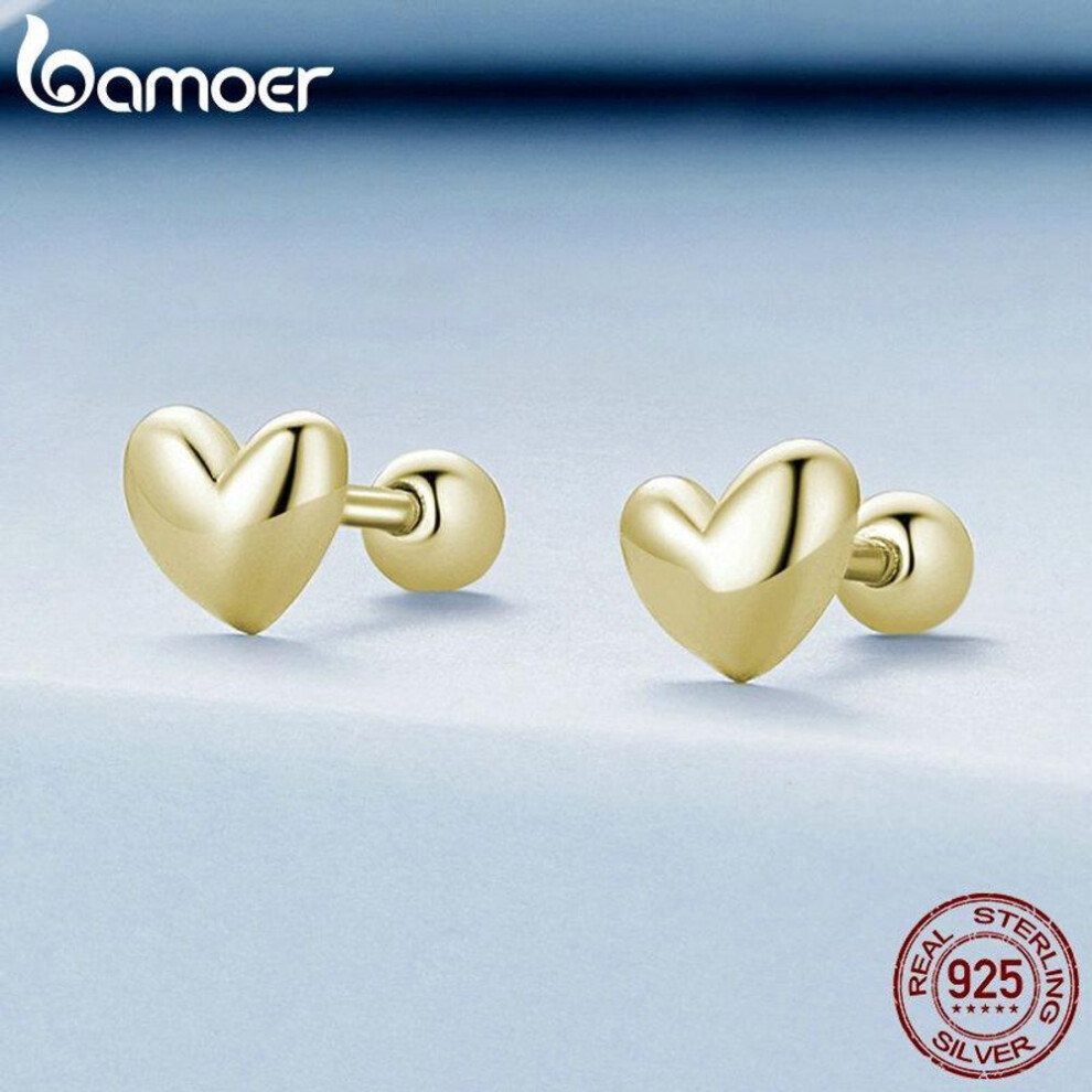 (gold, B) BAMOER 925 Sterling Silver Mini Heart Stud Earrings Platinum Plated Simple Earrings for Women Sweet Fine Jewelry Gift