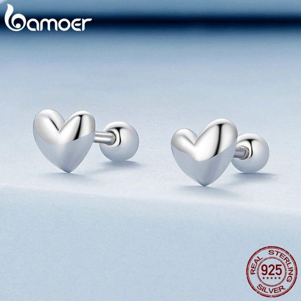 (silver, A) BAMOER 925 Sterling Silver Mini Heart Stud Earrings Platinum Plated Simple Earrings for Women Sweet Fine Jewelry Gift