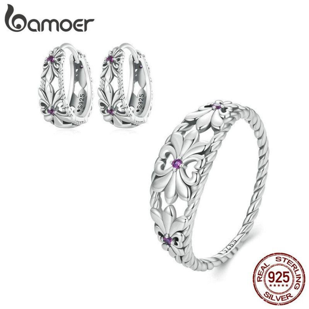 (silver, 8) BAMOER 925 Sterling Silver Retro Iris Ring & Earrings Jewelry Set for Women Girls Fine Jewelry Birthday Gift