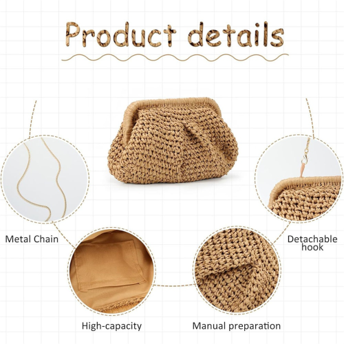 Γυναικείο πορτοφόλι με ψάθα για Cloud Dumpling Pouch, καλοκαιρινή τσάντα παραλίας 2