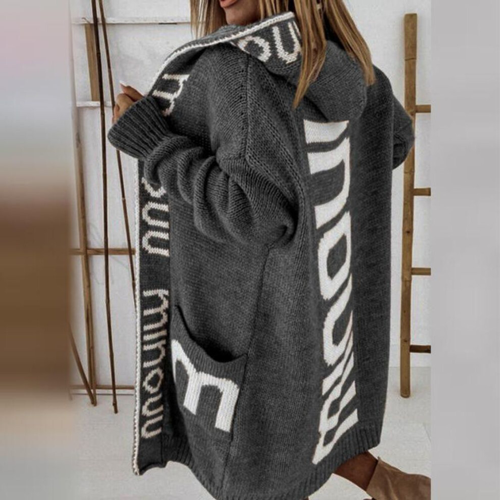 (dark gray, XL) Long Cardigan Hooded Monogram Women&apos;s Sweater Knitted Coat