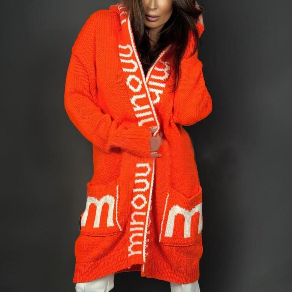 (orange, L) Long Cardigan Hooded Monogram Women&apos;s Sweater Knitted Coat