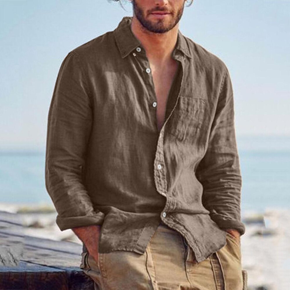 (brown, XXXL) Men&apos;s Fashion Casual Long Sleeve Cotton Linen Solid Color T-shirt Top Blouse