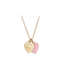 (Golden double-heart pink necklace) Classic T House Double Heart brand heart-shaped pendant, resin inlaid with diamonds and gold-plated heart, Tijia fashion necklace