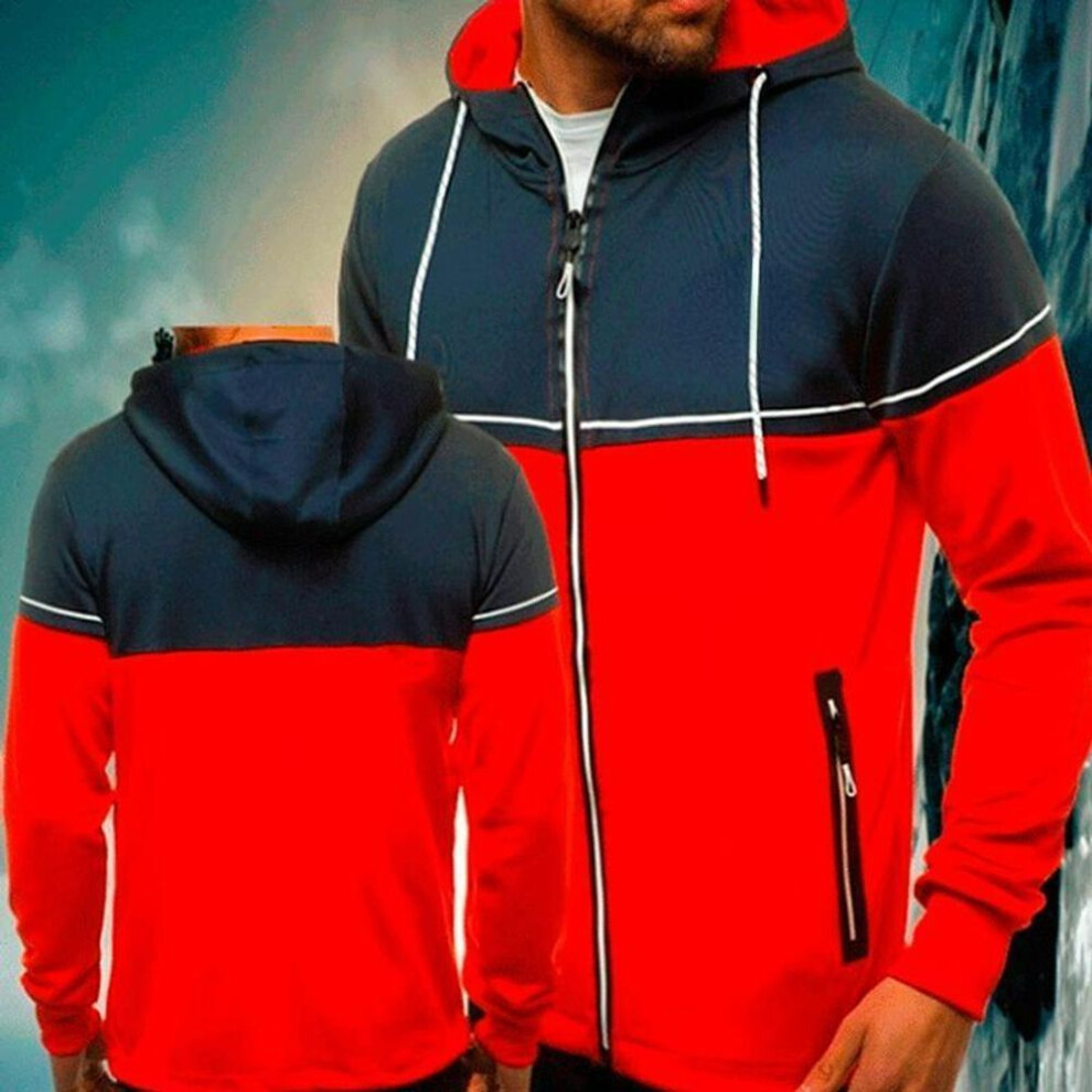 (red, 3XL) 2024 Autumn and Winter New Men&apos;s Casual Cardigan Hooded Sweater Youth Color Matching Men&apos;s Jacket