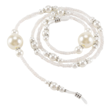 1x valkoiset helmihelmillä koristellut silmälasit, lukulasit, ketjun johtopidike