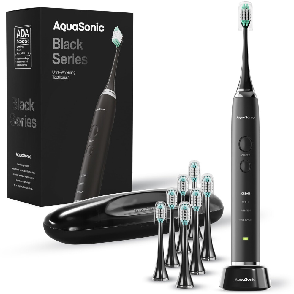 Aquasonic Black Series Ultra Whitening Electric Toothbrush - Ada Accepted Tooth Brush - 8 Brush Heads & Travel Case - Wireless Charging - 4 Modes W S