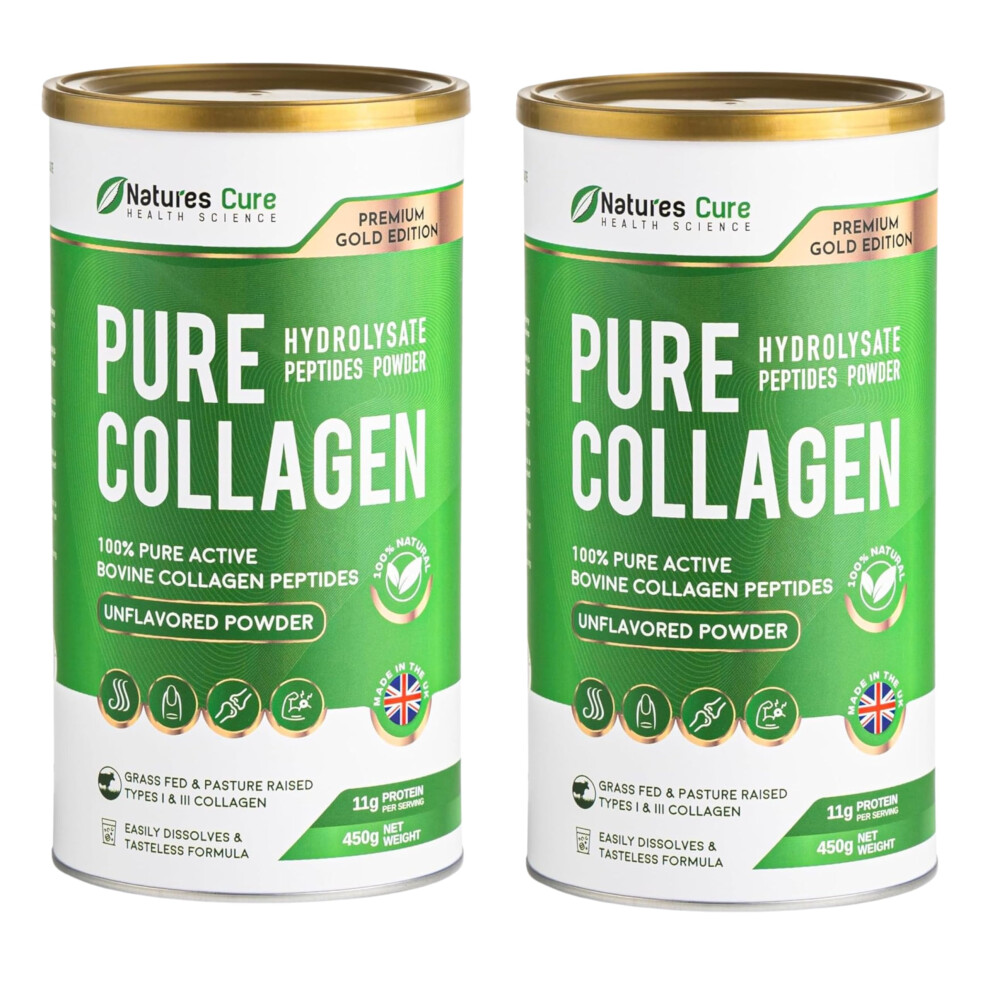 Natures Cure Bovine Hydrolysed Collagen Protein Peptides Powder Food Suplement Unflavoured Kosher And Halal Certefied From Bovine Hides (2X 450Gr Cans)
