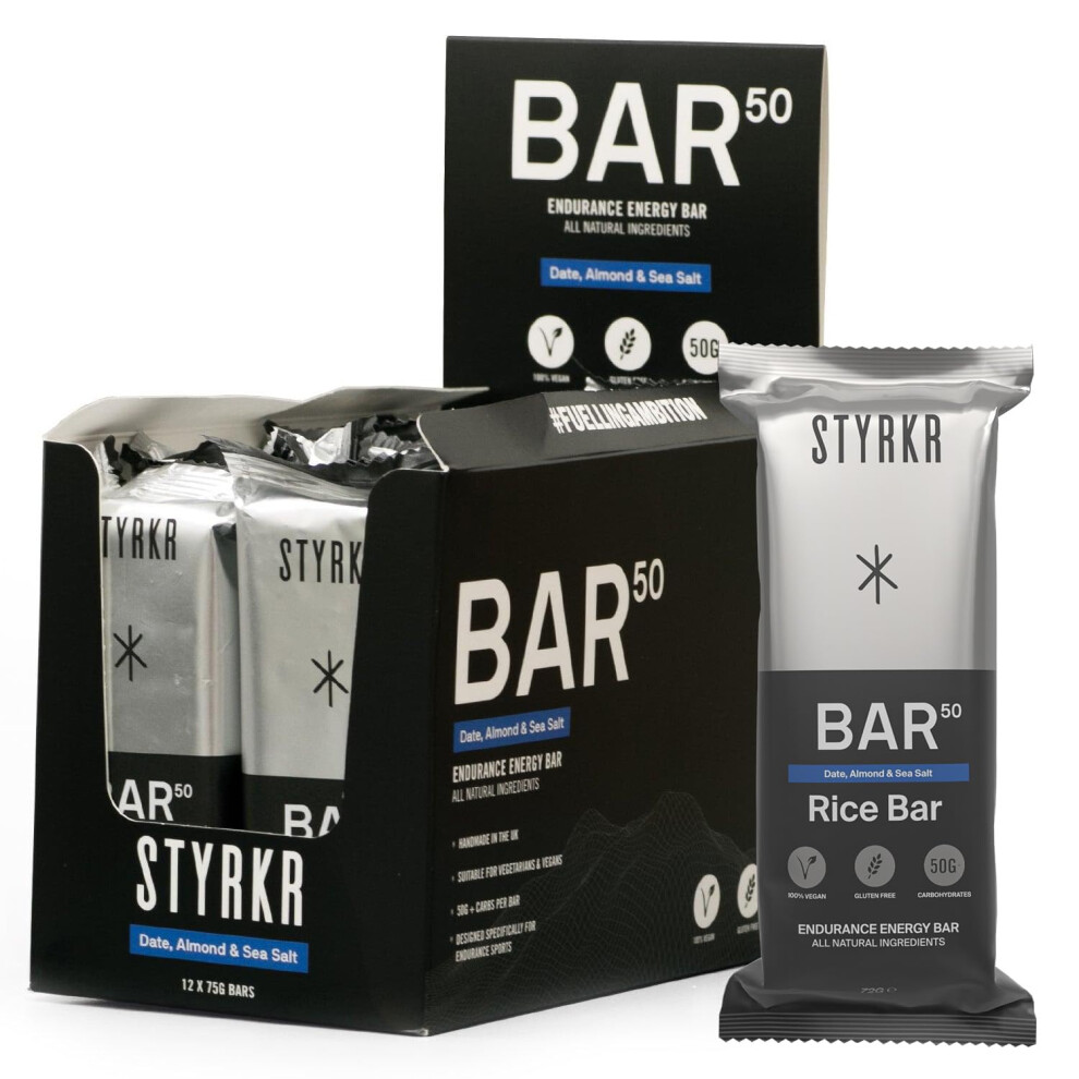Styrkr Energy Bars By - Pack Of 12 Rice Bars For Cycling & Running - Date, Almond & Dark Chocolate - Approved By Endurance Athletes - 50G Of Carbs Vi