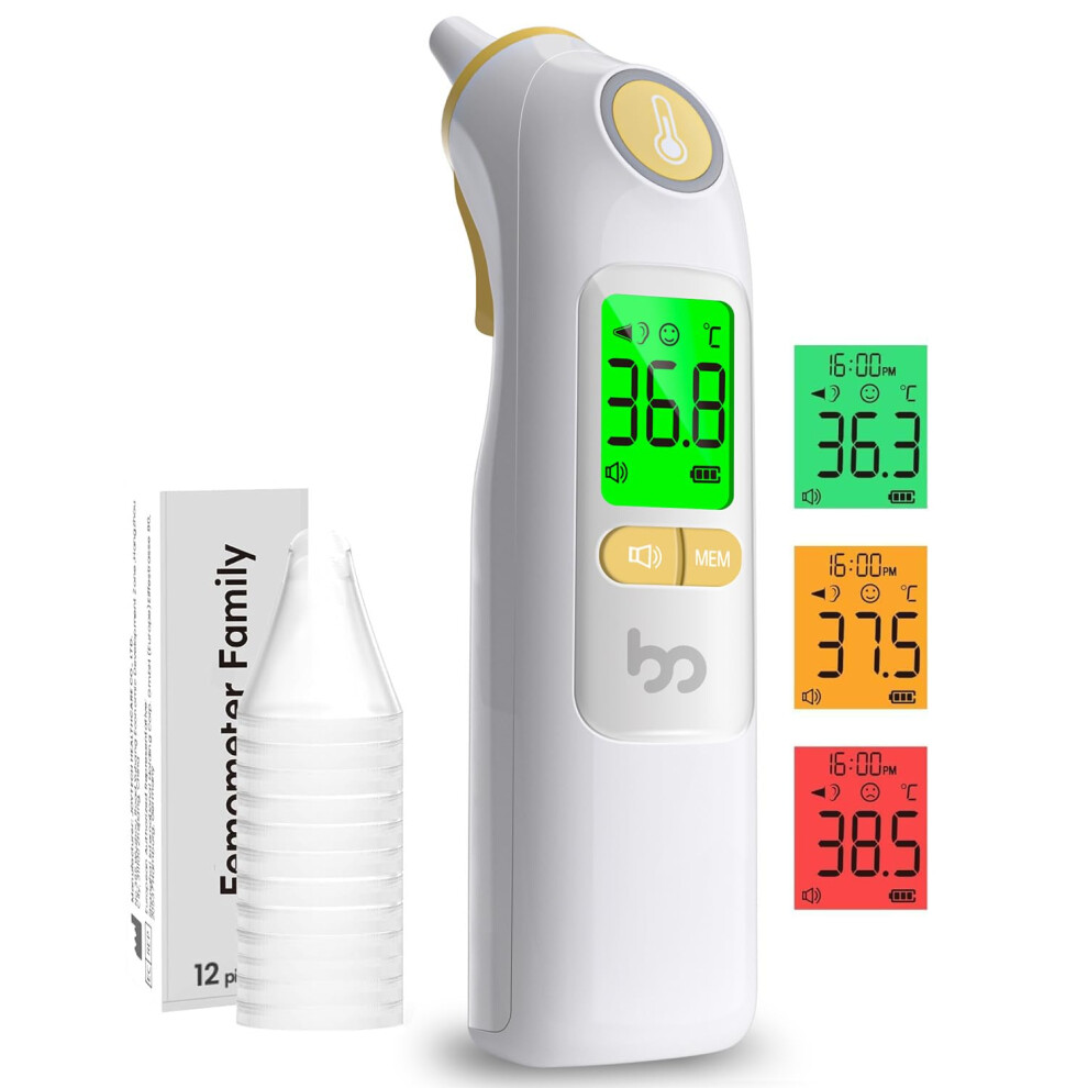 Femometer Family Ear Thermometer, Professional Accuracy Ear Thermometer For Adults And Baby, 3-Color Fever Alert Code, Mute Mode, Reading Storage, With Disposable Pro
