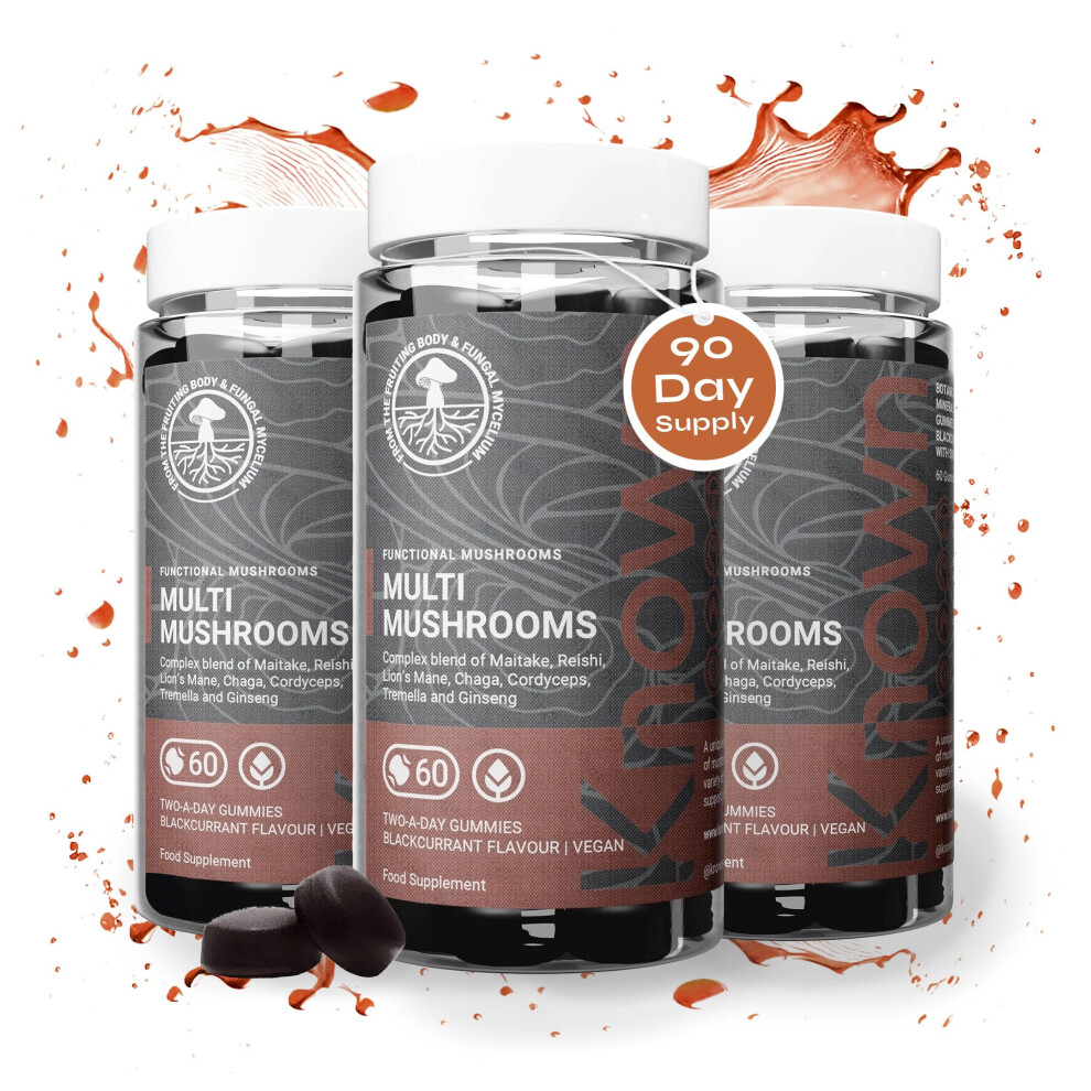 Known Tasty Multi Mushrooms Gummies - Lion's Mane, Cordyceps - Immunity & Energy - Natural Blackcurrant Flavour - 60 Vegan Gummies, 3 Months Supply