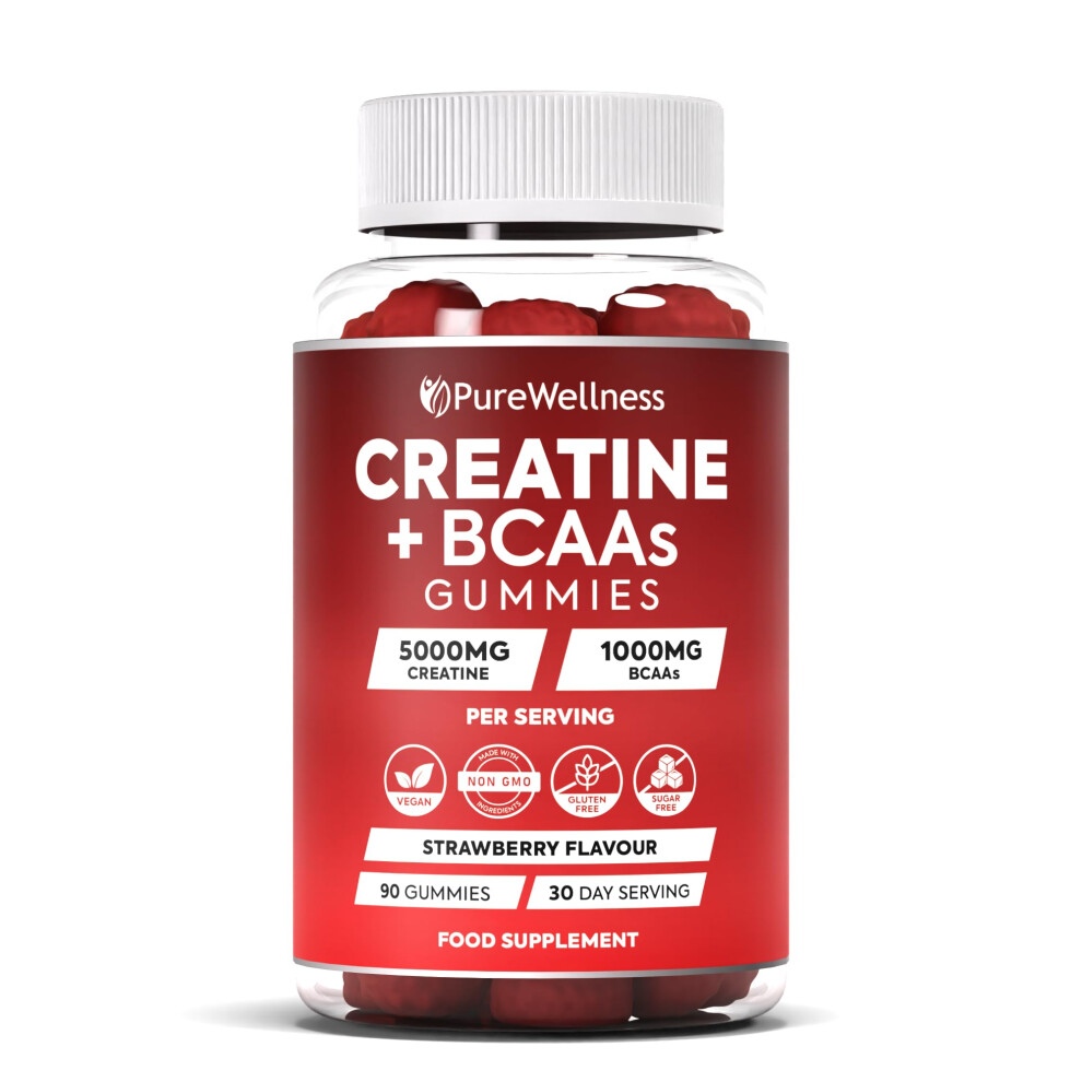 Purewellness Creatine And Bcaa Gummies - 5000Mg Creatine Monohydrate, 1000Mg Bcaas Per Serving - Chewable Vegan Sugar Free Gummies, Strawberry Flavou