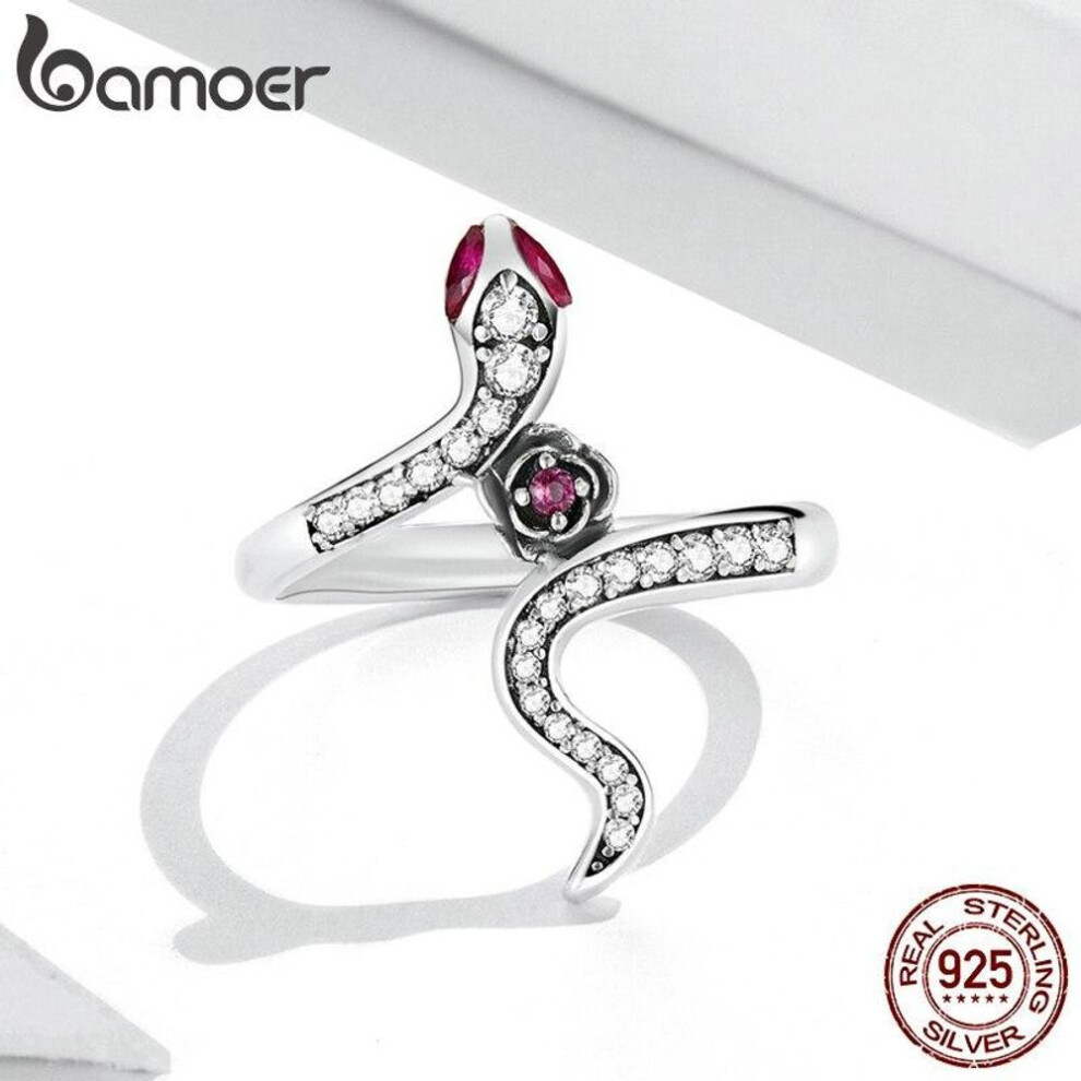 (8) BAMOER 925 Sterling Silver Snake & Rose Ring for Women Personality Cool Fashion Ring Size 6 7 8 Women Statement Jewelry Gift