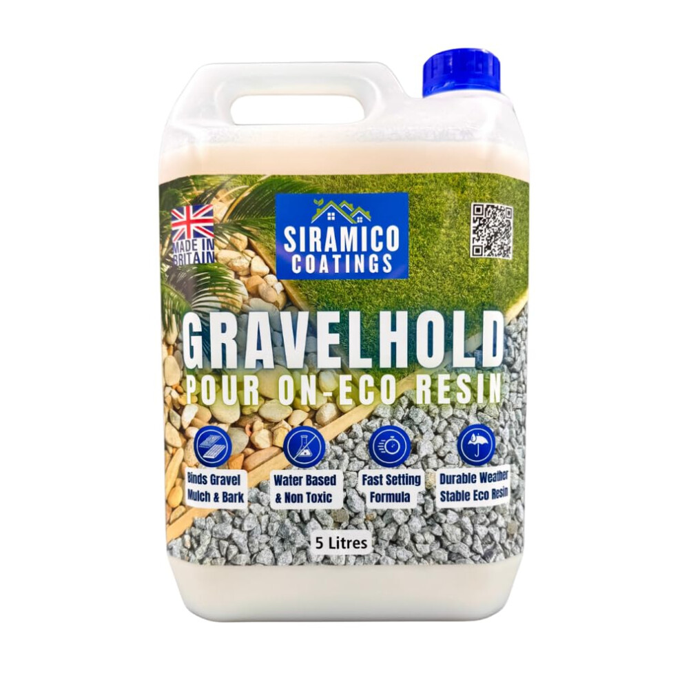 Siramico Coatings Gravelhold Pour On Eco Resin Glue | 5 Litres | Waterbased Binder For Gravel Stones And Mulch On Borders, Patios & Garden Paths. Non Toxic & Pet Frie