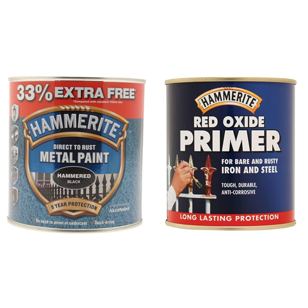 Hammerite 5158237 Metal Paint - Hammered Black, 1 L & 5092844 Red Oxide Primer 500ml