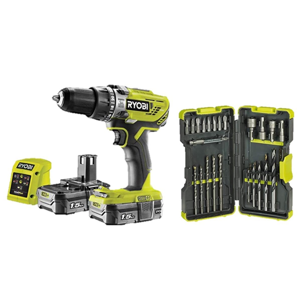 Ryobi R18PD3-215GZ 18 V ONE+ Cordless Combi Drill Starter Kit (2 x 1.5 Ah) & RAK30MIX Mixed Drilling and Driving Bit Set, 30 Piece