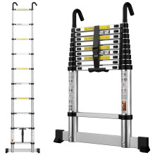 Telescopic Ladder 2.9M / 9.5FT Aluminium Extension Loft Ladder with Stabilizer Bar & Detachable Hooks, Multi Purpose Extendable Portable Folding Ladd