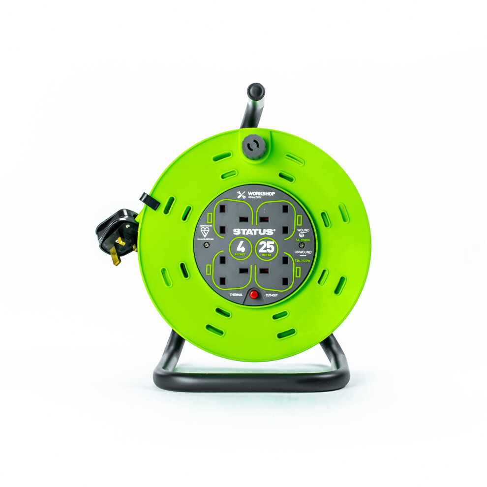 STATUS 4 Socket Cable Reel, 25m, Green, 13 Amp, Thermal Cut Out, Heavy Duty, Outdoor Extension Lead, Ideal for Garden, Workshop, DIY, Power Tools (S2