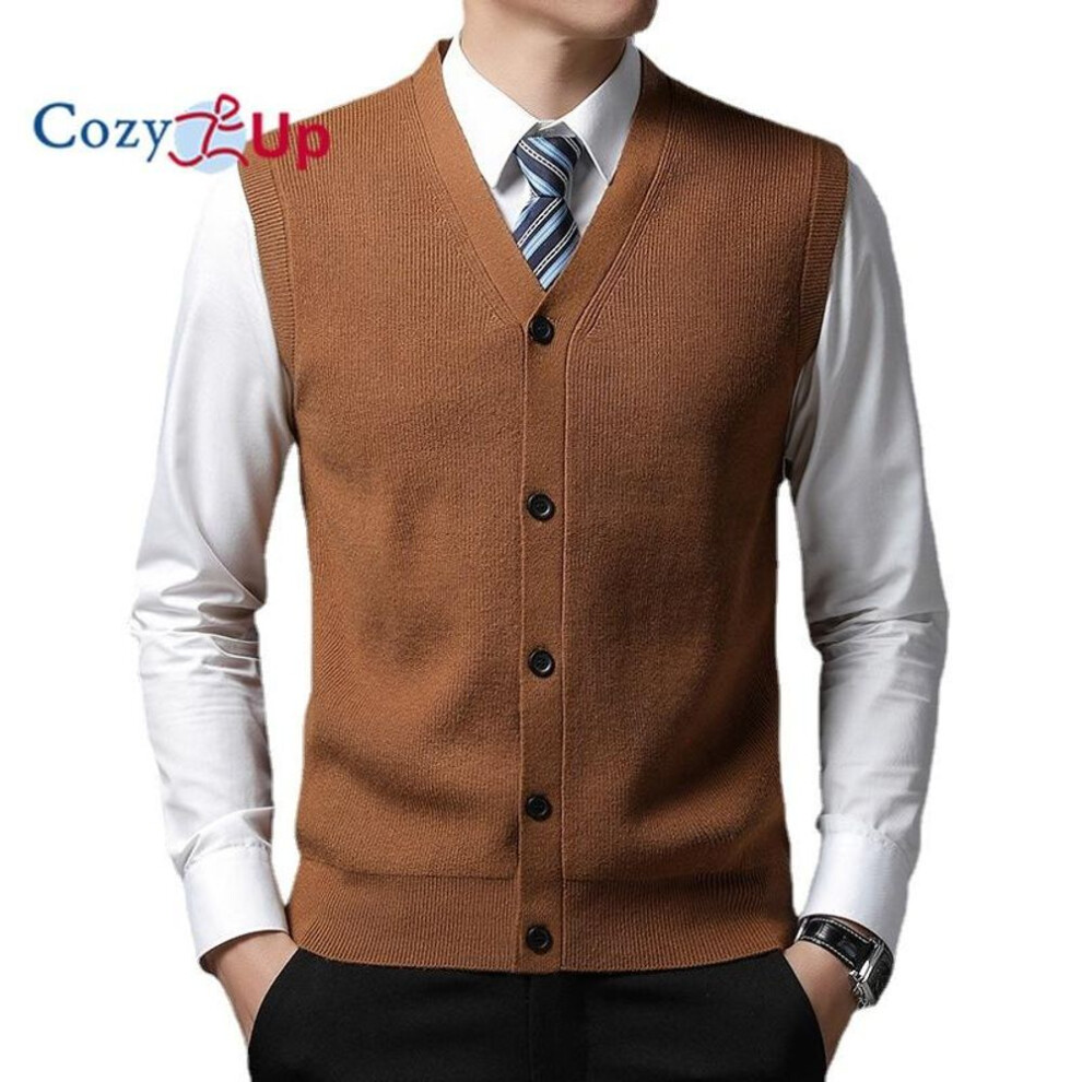 (brown, L) Cozy Up Men&apos;s Knitted Cardigan Casual Solid Color Vest Waistcoat Sweater