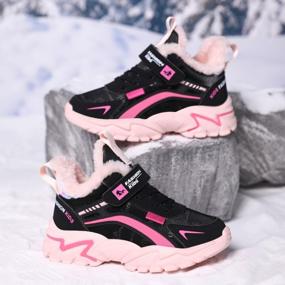 (black, 34) Winter Plush Warm Kids Csual Shoes Waterproof Leather Children's Sneakers Sport Runnign Pink Girls Shoes Sneakers