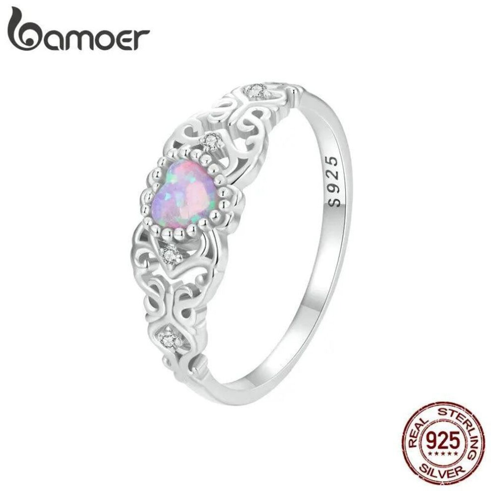 (pink, 6) BAMOER 925 Sterling Silver Romantic Heart Shape Opal Finger Ring Vintage Vine Ring for Women Party Fine Jewelry