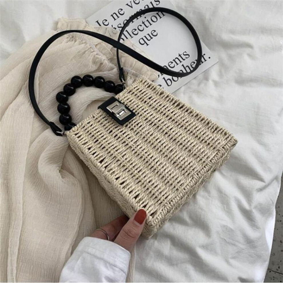 (beige, 16.5*10*16.5cm) Small Box Beads Handle Straw Bag Portable Messenger Handmade Handbag Straw Bags Beach