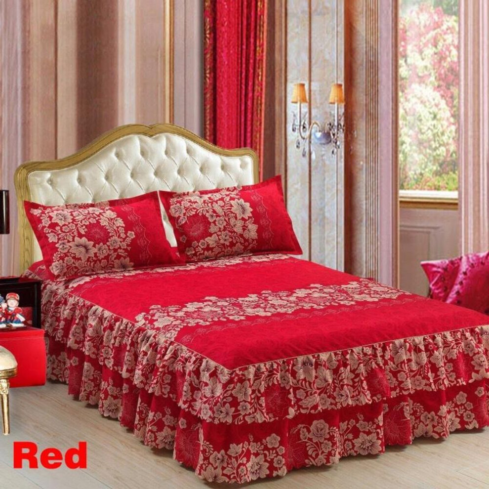 (red, 150*200cm) Single/Twin/Full/Queen/King floral Printied Bedspread Coverlet Bed Skirt And Pillow Shams Set