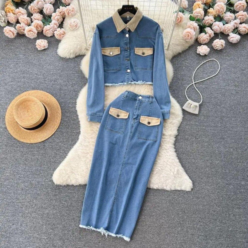 (blue, XXL) New Women Lapel Denim Jacket  Full-length Skirt Two Pieces Sets Fashion Women&apos;s Suit Jeans Sets