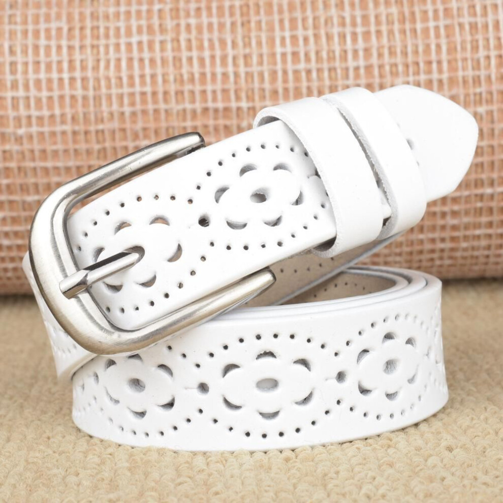 (White, 115cm) Fashion Ladies Real Cowhide Belt Personality Hollow Dress Belt Decoration Casual Real Cowhide Belt Delicate Ladies Belt