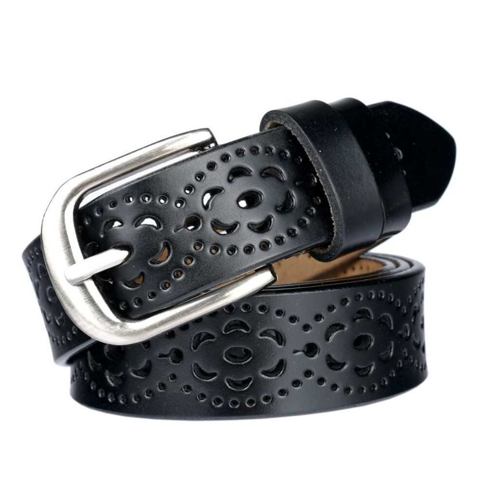 (Black, 110cm) Fashion Ladies Real Cowhide Belt Personality Hollow Dress Belt Decoration Casual Real Cowhide Belt Delicate Ladies Belt