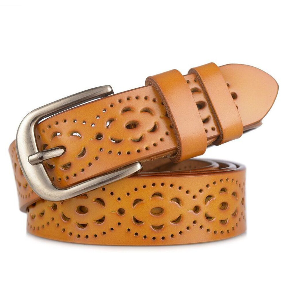 (Orange, 110cm) Fashion Ladies Real Cowhide Belt Personality Hollow Dress Belt Decoration Casual Real Cowhide Belt Delicate Ladies Belt