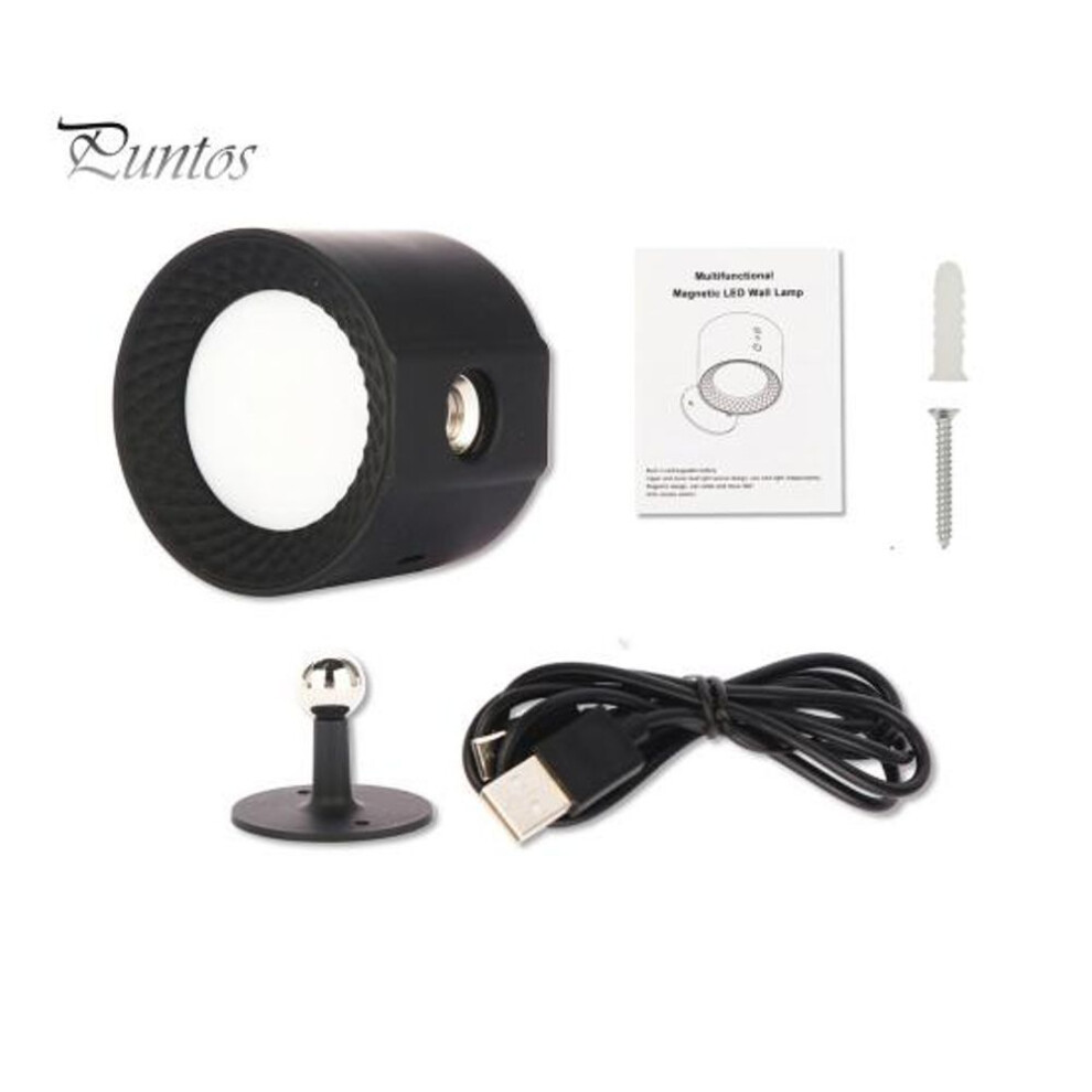 (black) 1 Set LED Magnetic Wall Lamp Intelligent 360 Degree Rotation USB Charging 3-Color Temperature Remote Control Long Battery Life Lamp