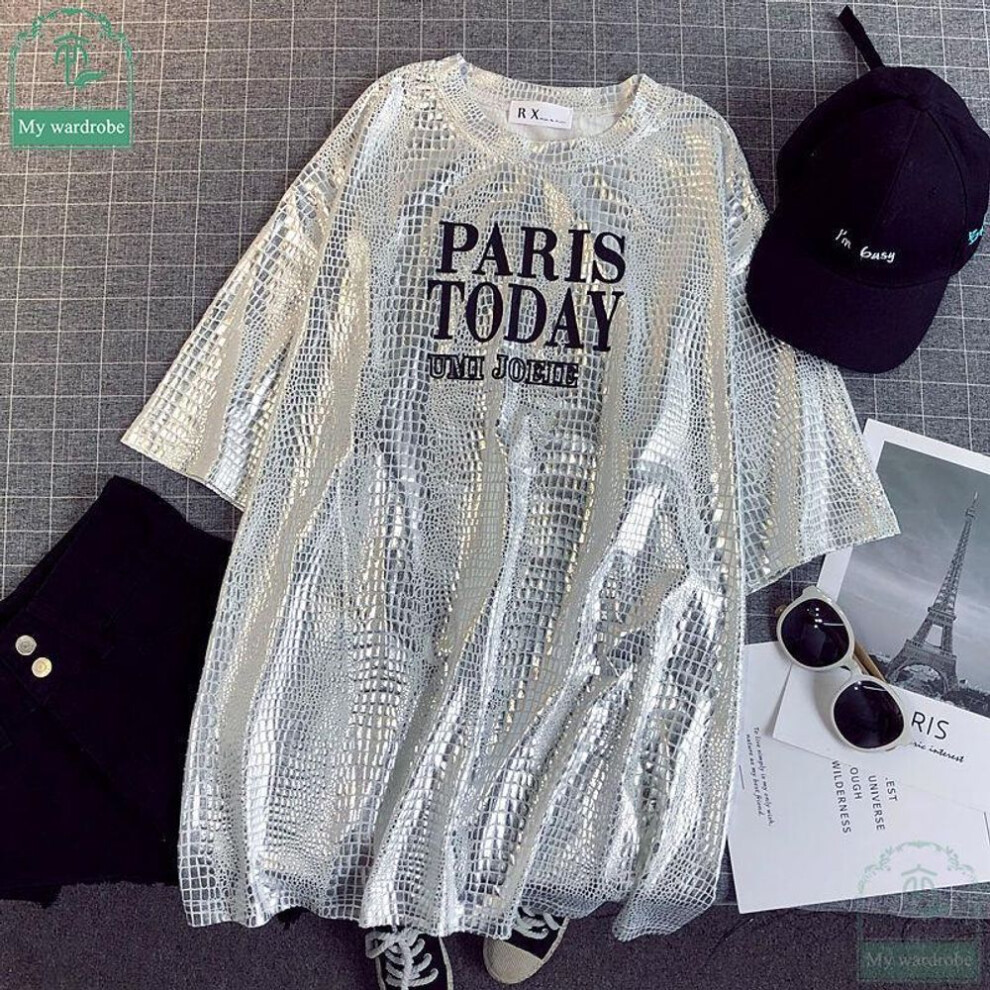 (white, M) Summer Ladies Shiny T-shirt Retro Street Wear Loose Short Sleeve Oversize Top Women&apos;s Club Hip Hop Stylish Bright
