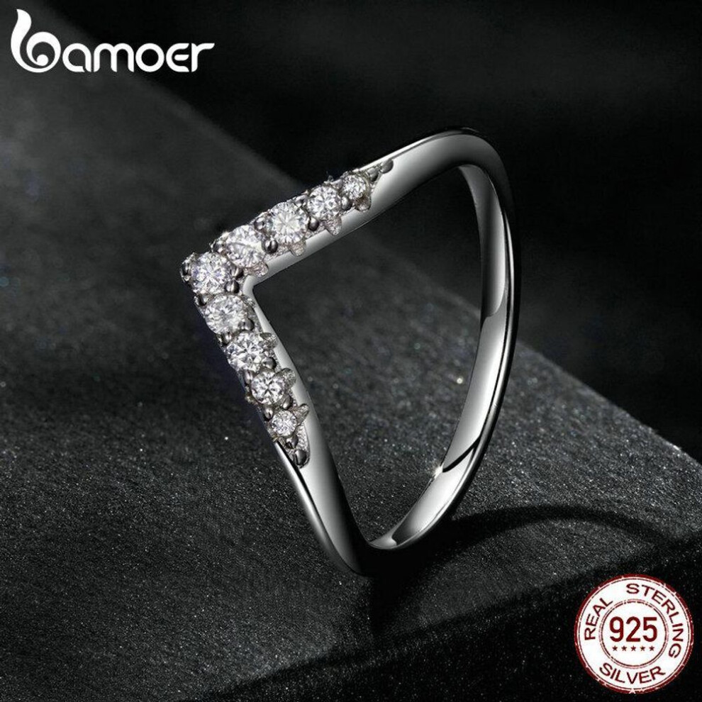 (6) BAMOER V-shape Moissanite Ring Delicate Lab Diamond Ring 925 Sterling Silver for Women Engagement Wedding Jewelry